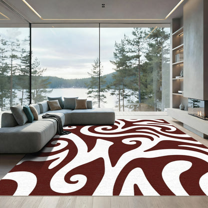 Crimson White Swirling Abstract Rug