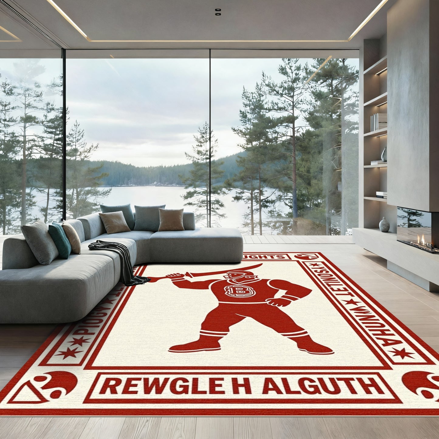 Crimson Warrior Emblem Geometric Border Rug