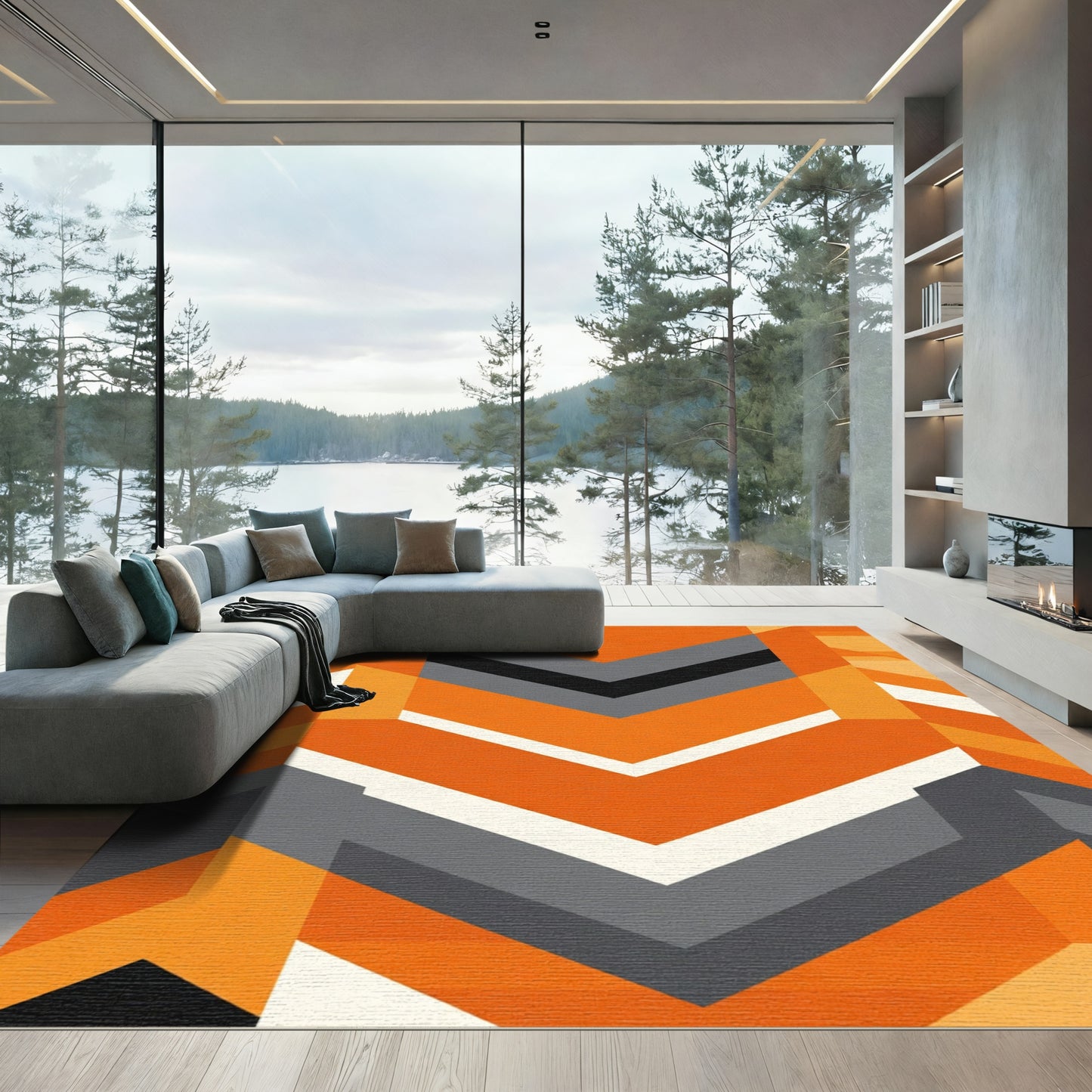 Orange Gray Chevron Geometric Rug