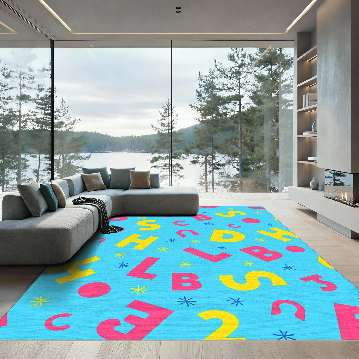 Blue Alphabet Scatter Bright Fun Rug