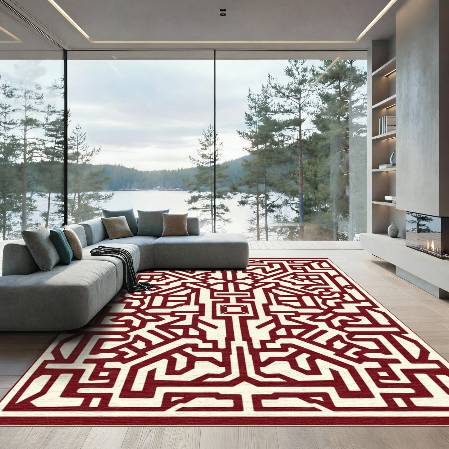 Crimson Geometric Maze Medallion Rug
