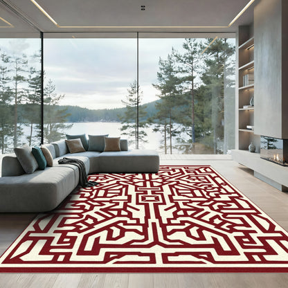Crimson Geometric Maze Medallion Rug