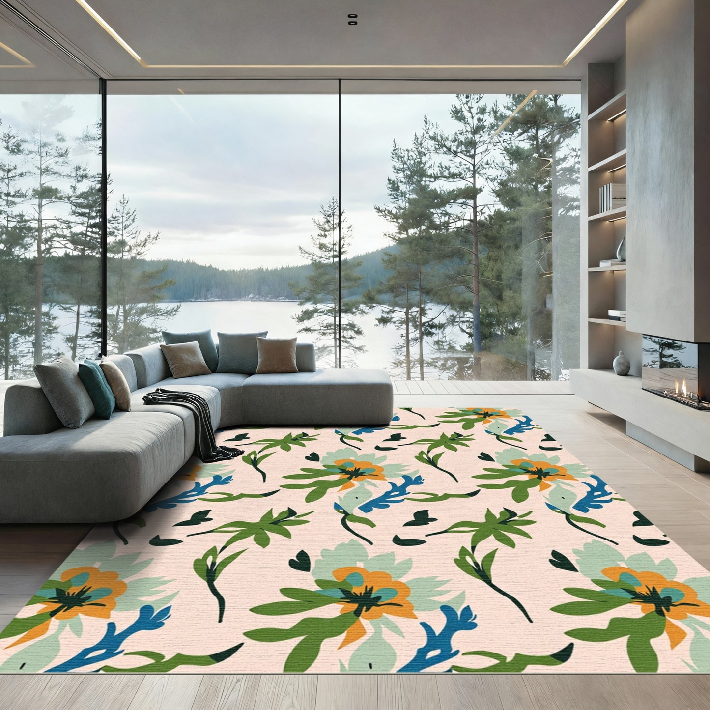 Abstract floral arrangement in greens and oranges Rug