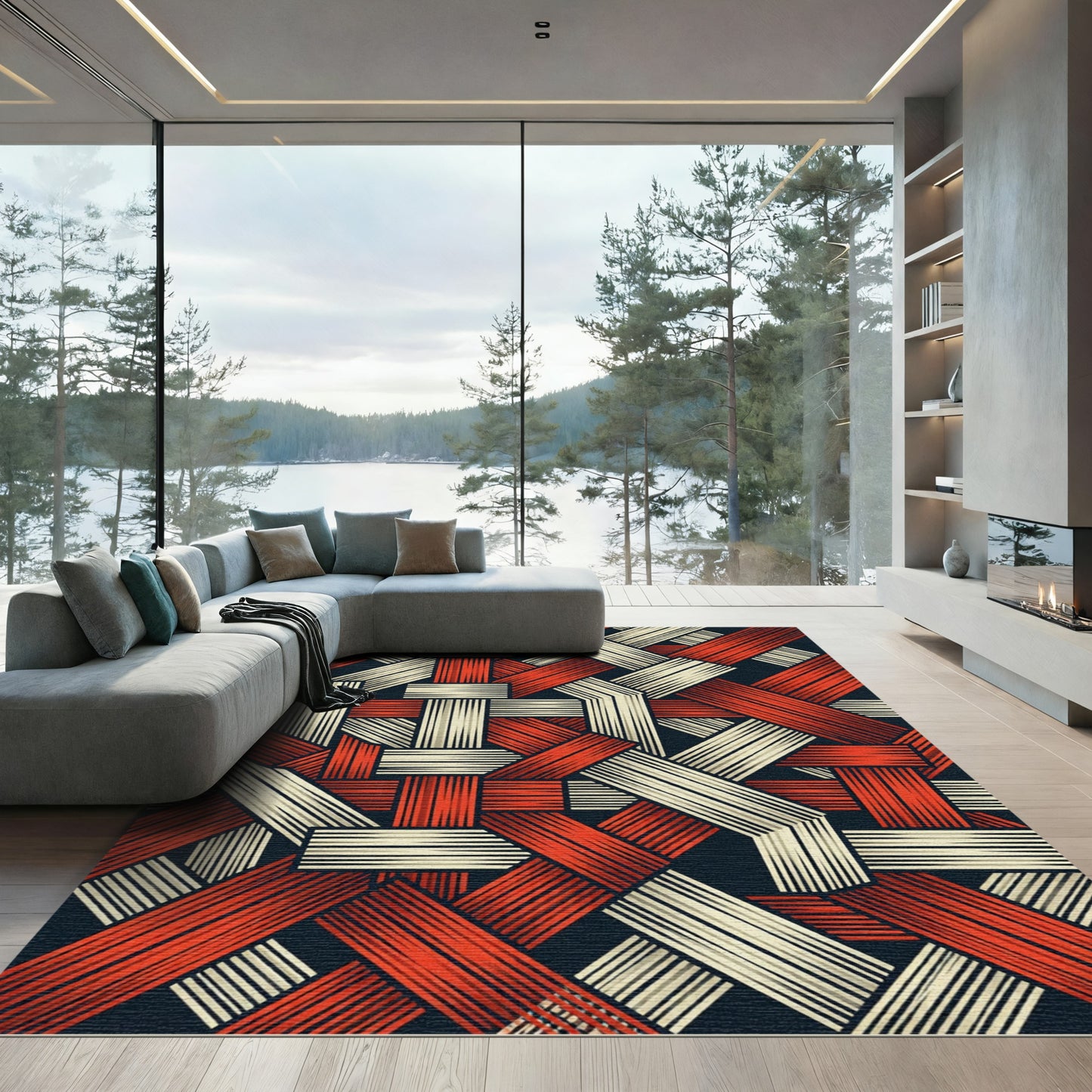 Interwoven Red Cream Geometric Medley Rug