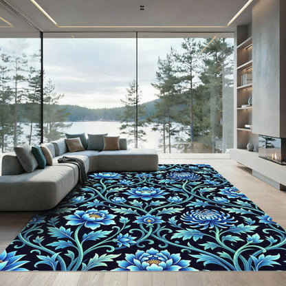 Lush Blue Floral Vines Wallpaper Rug