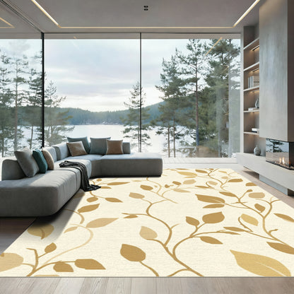 Golden Beige Vine Leaf Artwork Rug