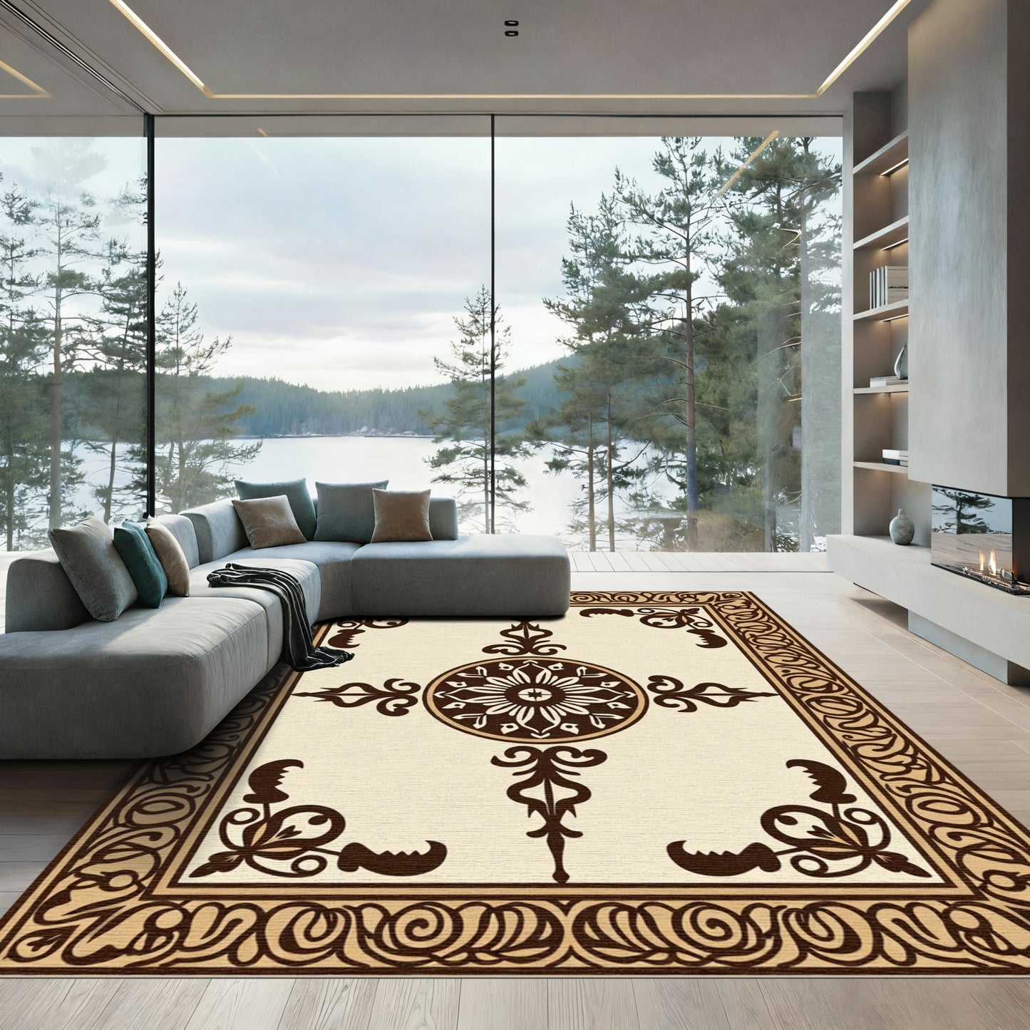 Brown Cream Ornamental Medallion Border Rug
