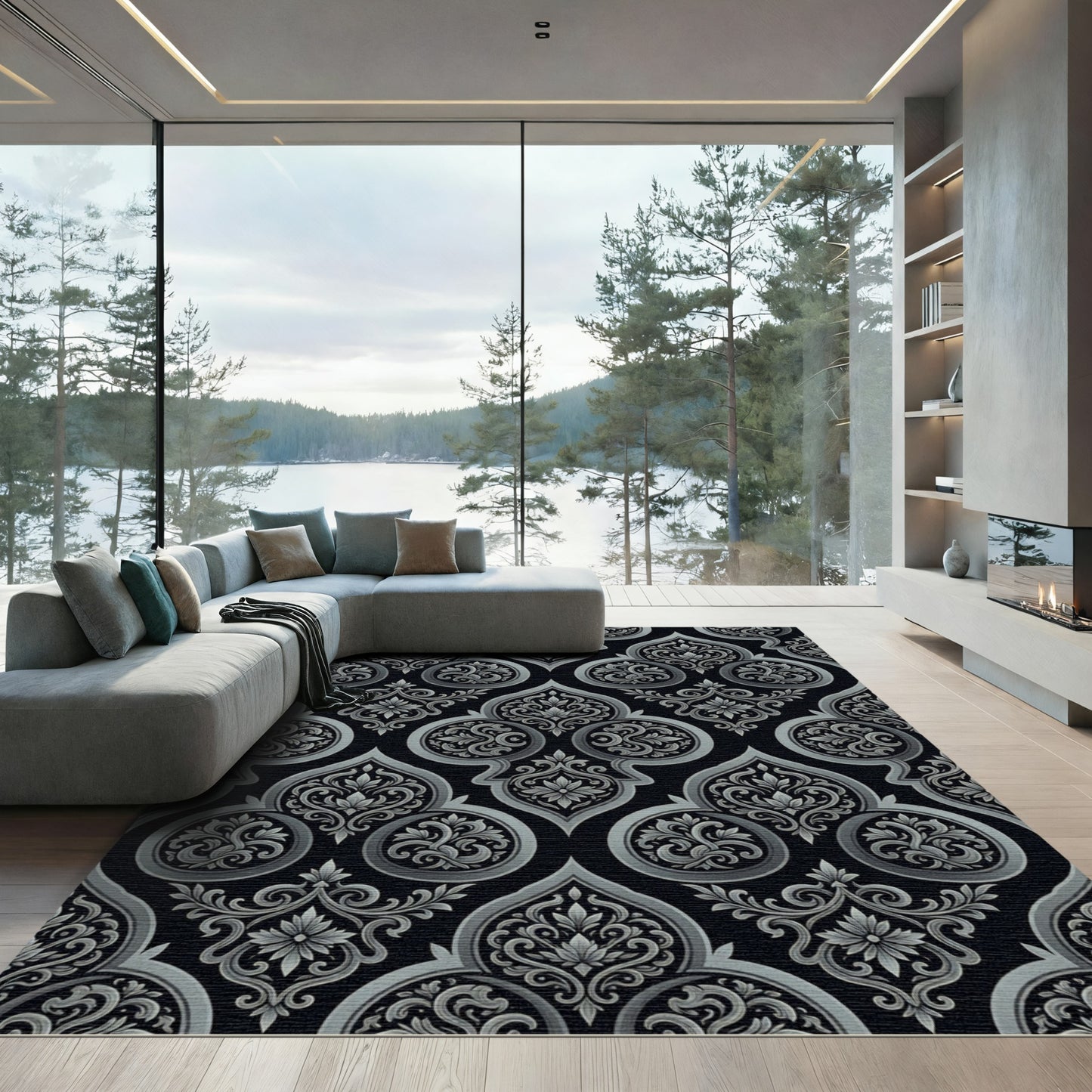 Black Silver Ornate Damask Scroll Rug