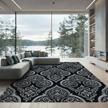 Black Silver Ornate Damask Scroll Rug