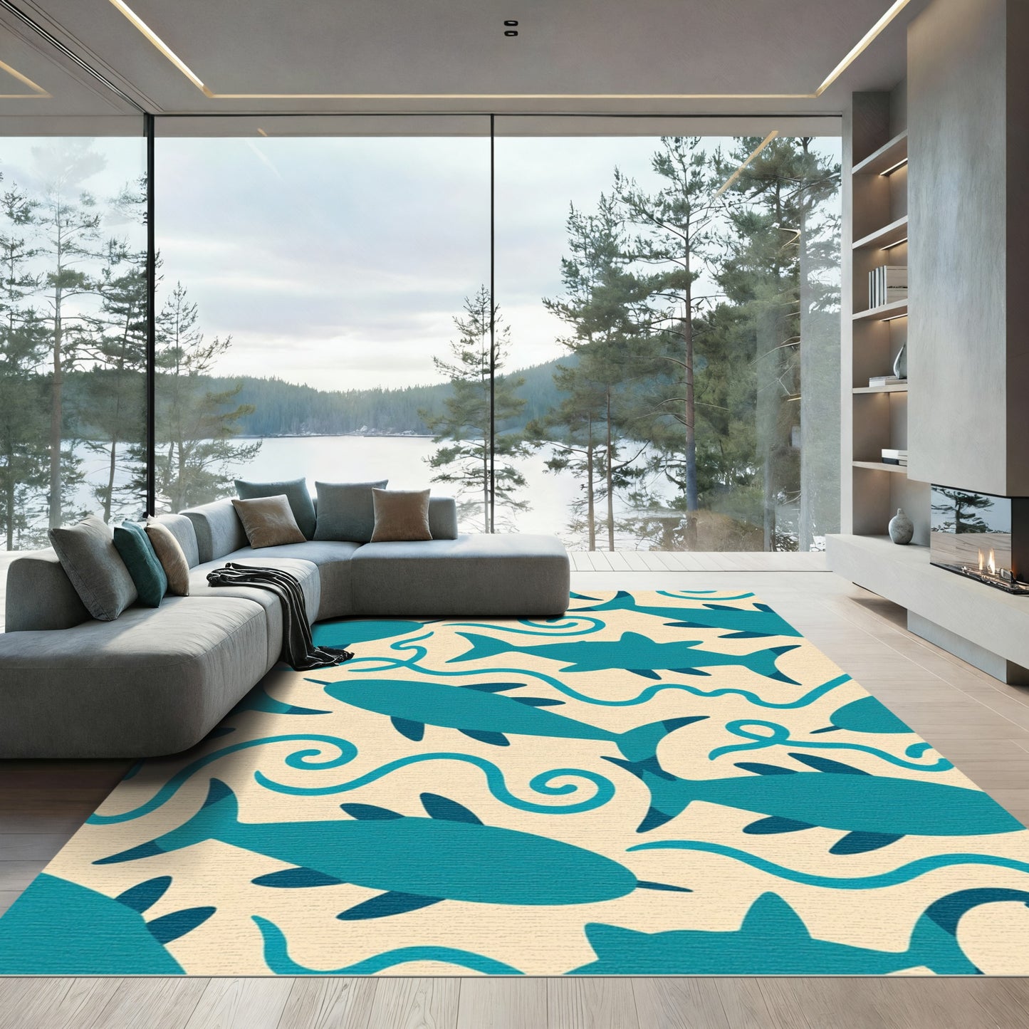 Teal Oceanic Shark Waves Rug