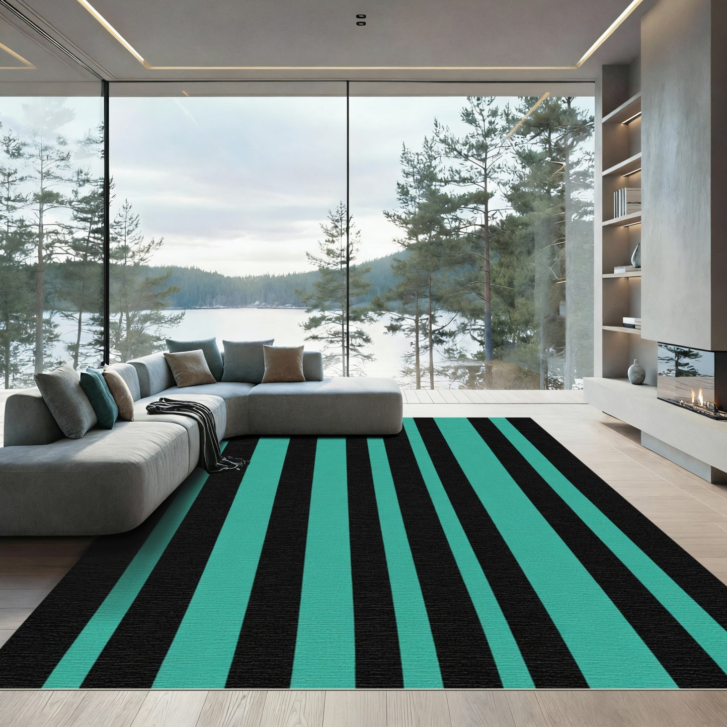 Aqua Black Vertical Stripe Rug