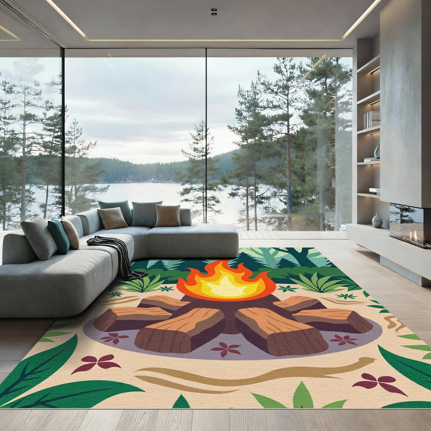 Forest Campfire Wood Flames Rug