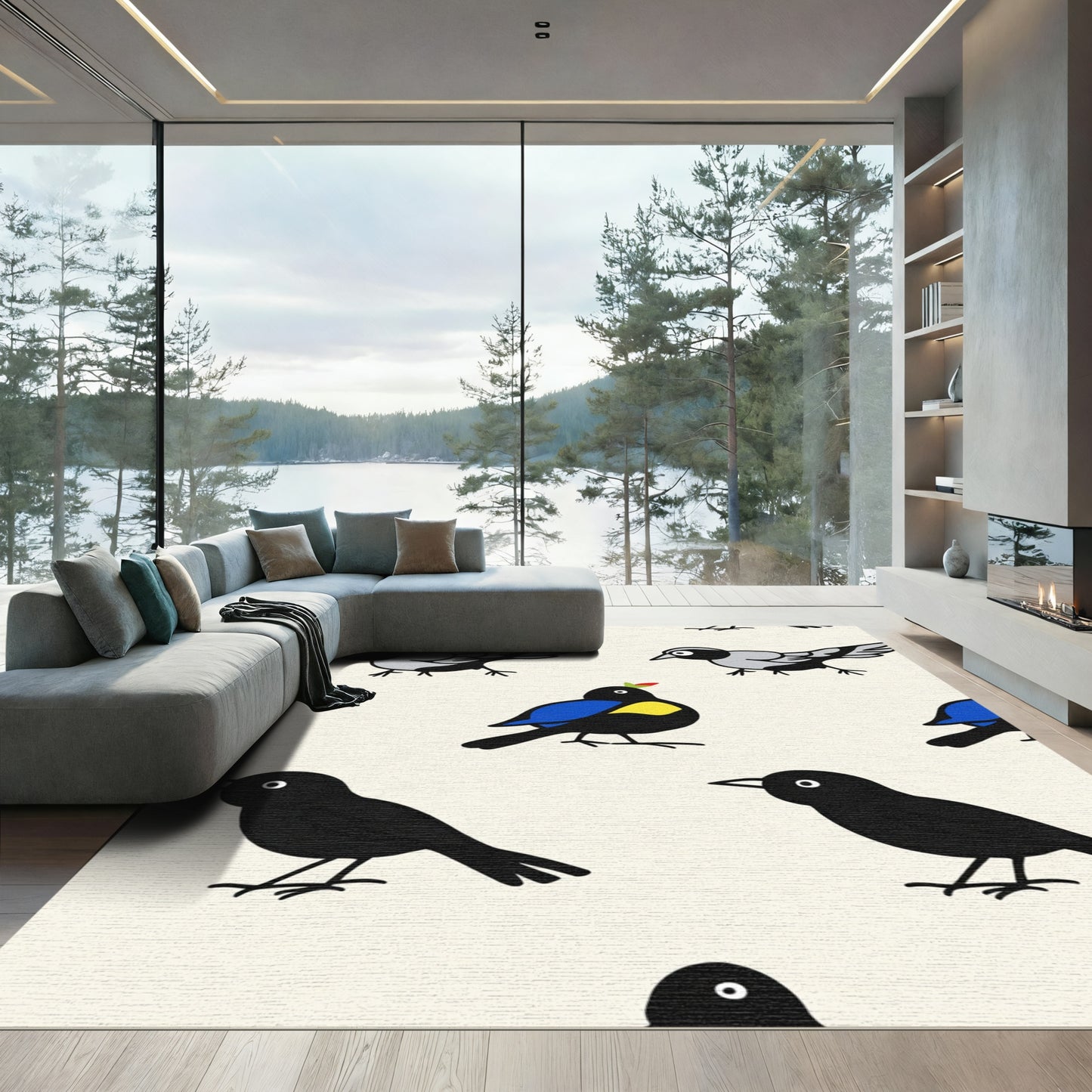 Whimsical Woodland Birds Blue Yellow Black Rug