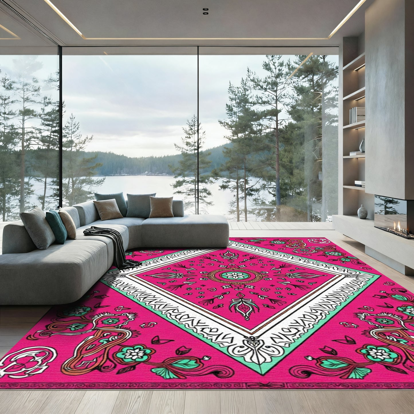 Fuchsia Diamond Floral Scroll Aura Rug