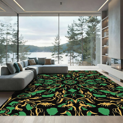 Golden Green Abstract Floral Symmetry Rug