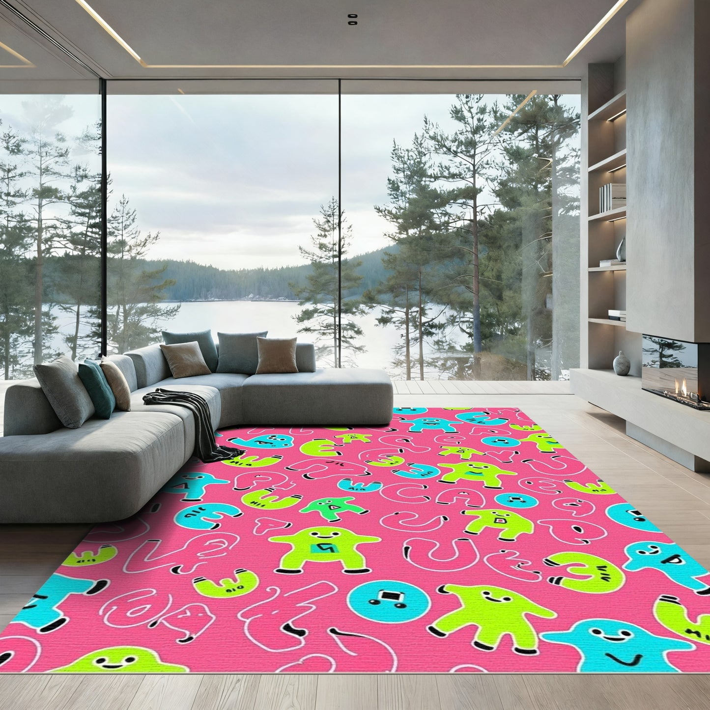 Playful Pink Cartoon Characters And Letters Rug