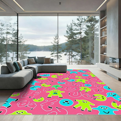 Playful Pink Cartoon Characters And Letters Rug