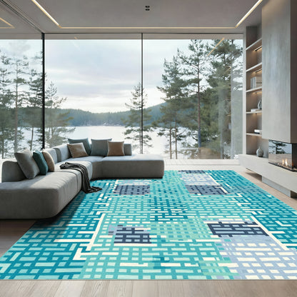 Teal Blue Brick Weave Geometric Rug