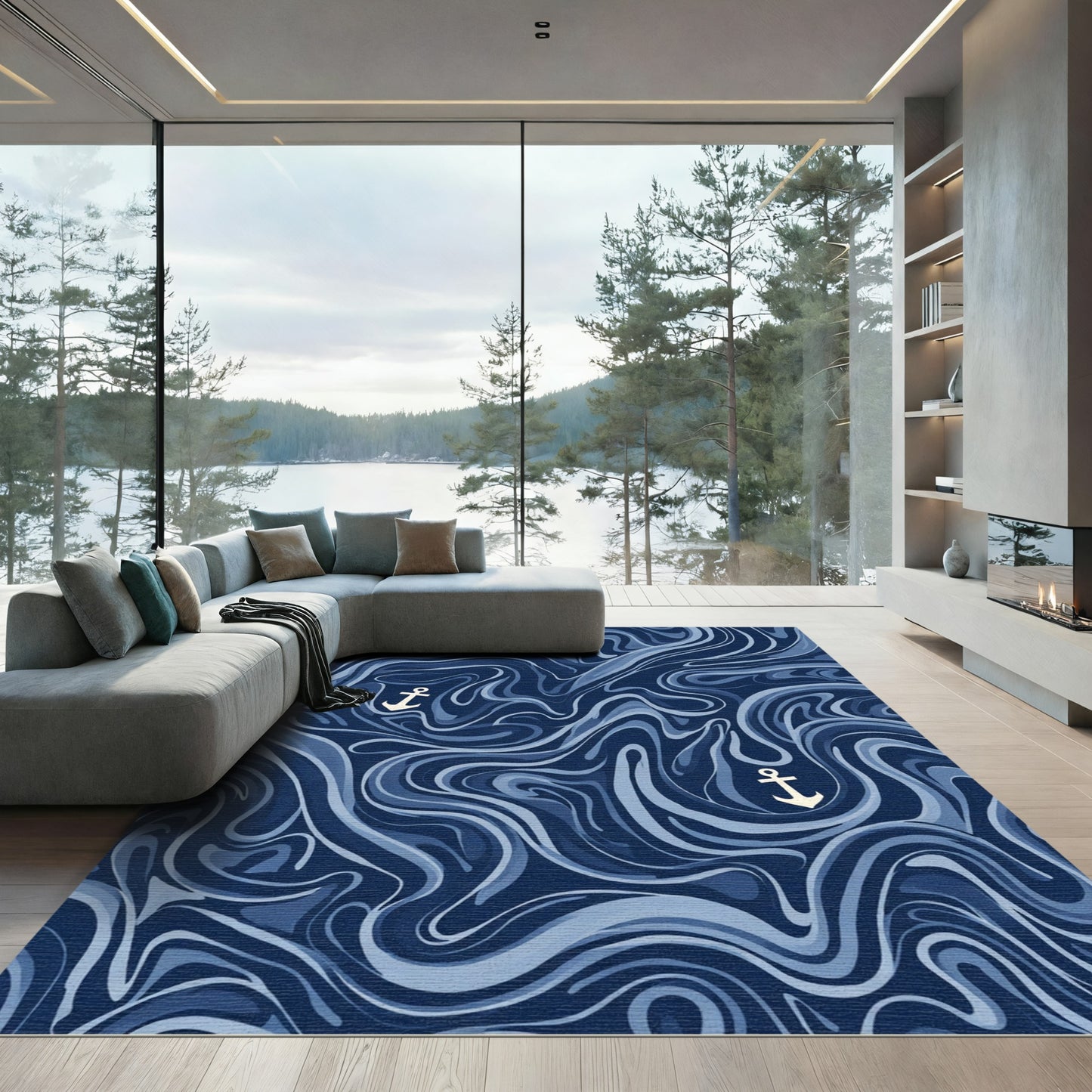 Navy Blue Marble Wave Anchor Rug