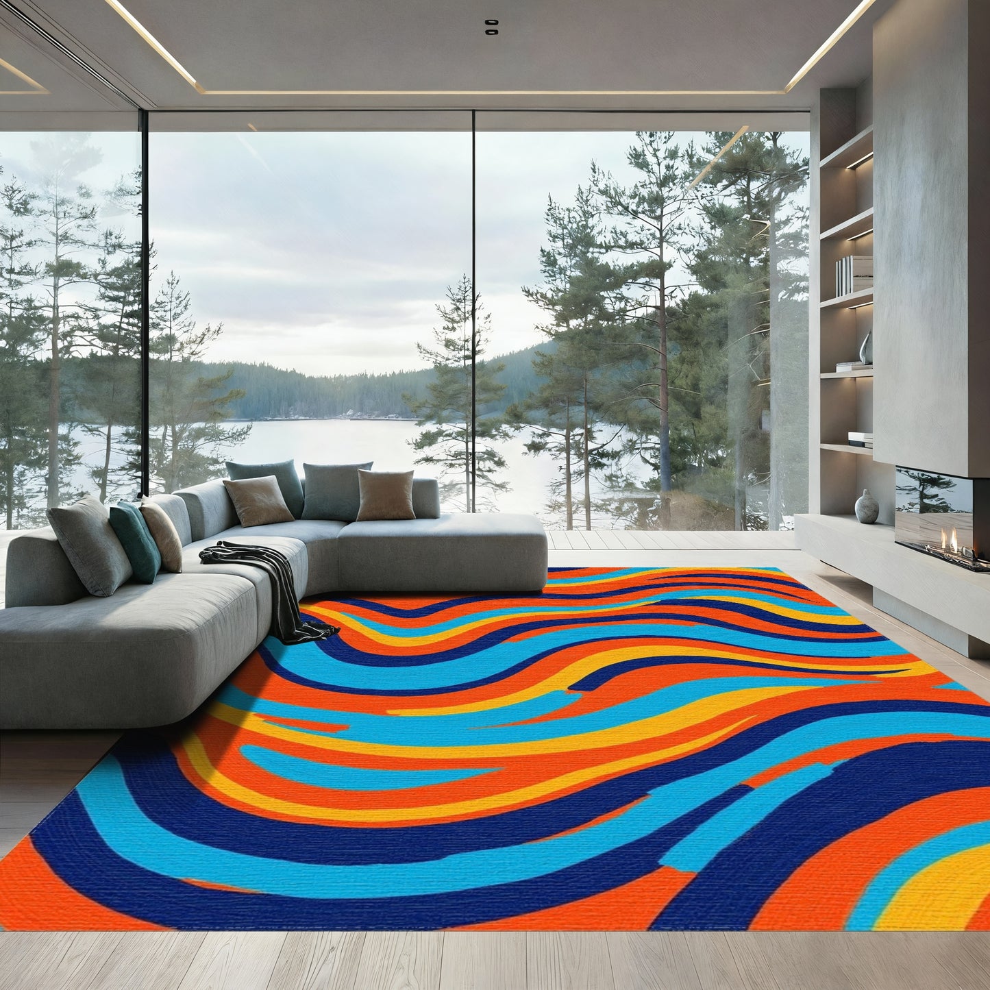Vibrant Teal Orange Wavy Rug
