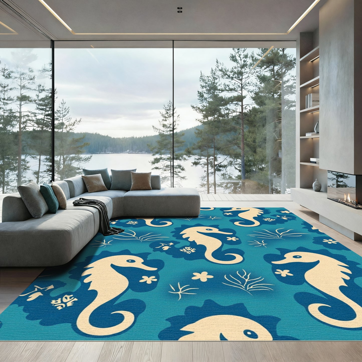Cream Seahorse Aqua Floral Repeating Rug