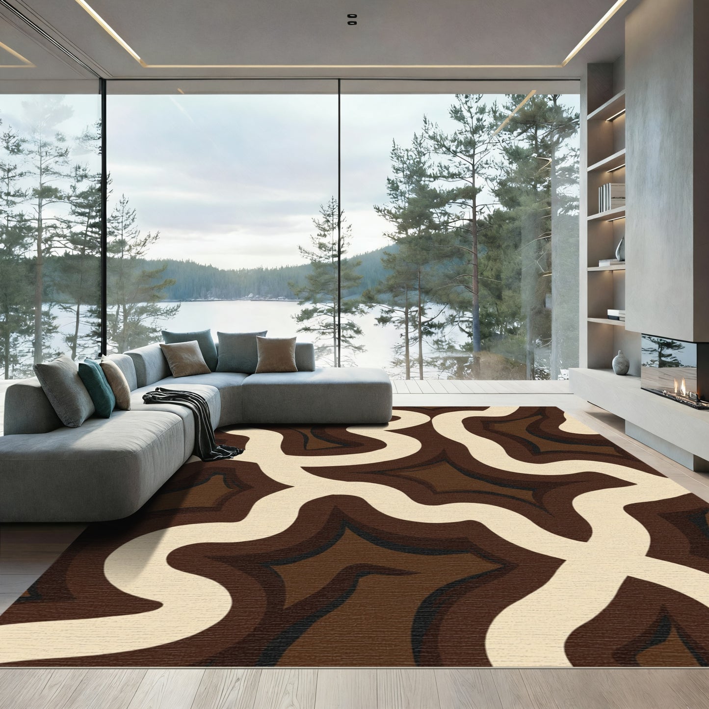 Abstract Cream Swirl Brown Layers Rug