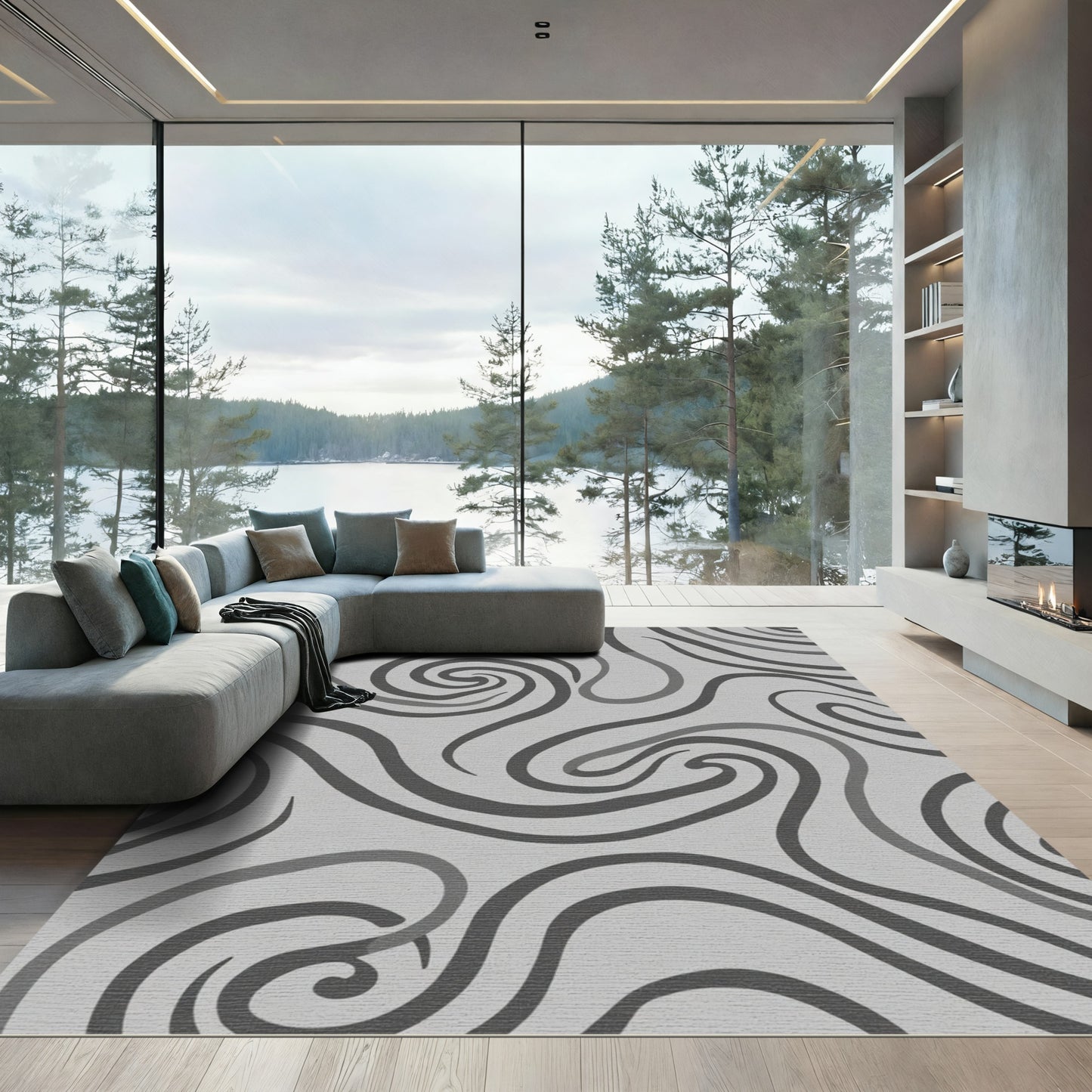 Modern Gray Swirl Abstract Art Rug