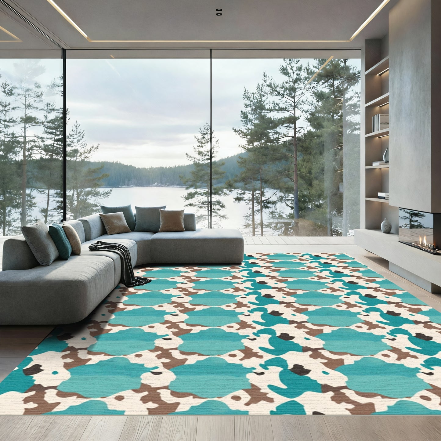 Abstract Aqua Brown Organic Forms Rug