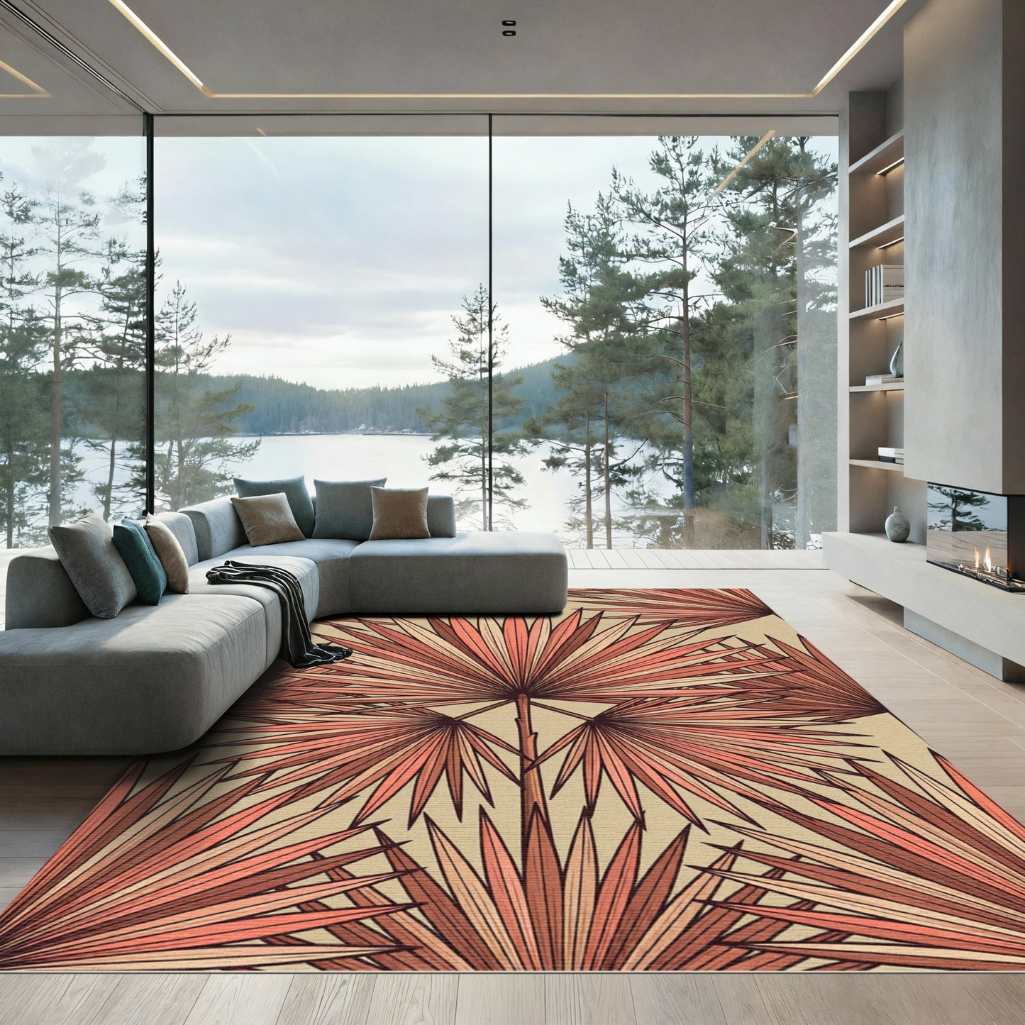 Coral Fan Palm Tropical Repeat Rug