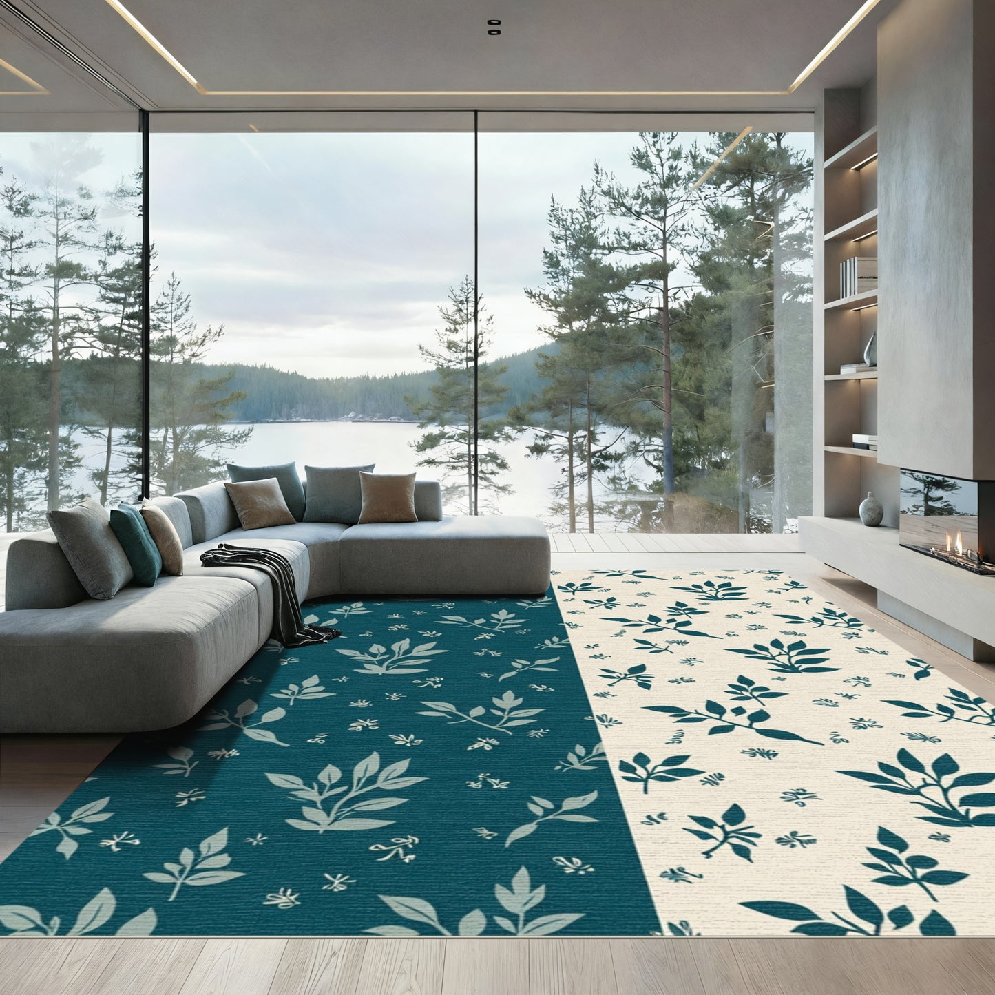 Deep Teal and Cream Foliage Rug