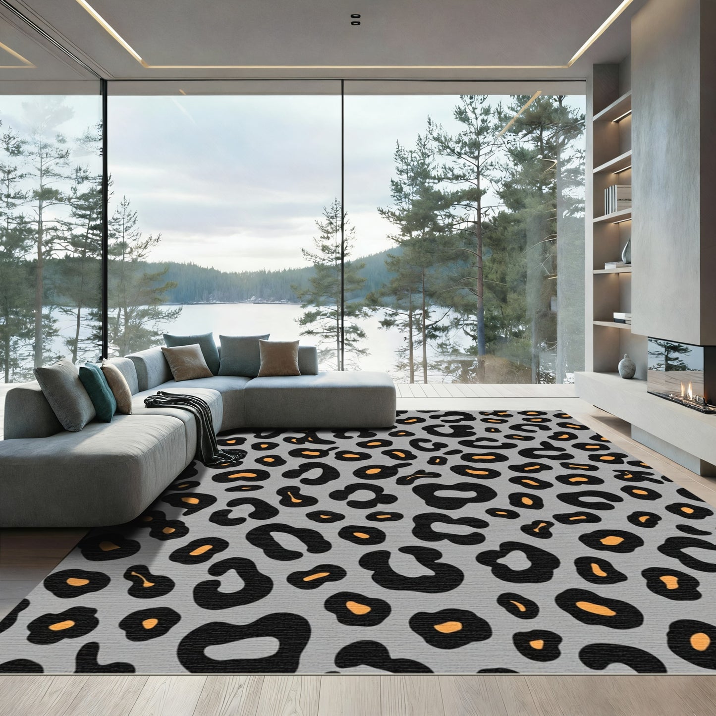 Gray Black Orange Leopard Spots Rug