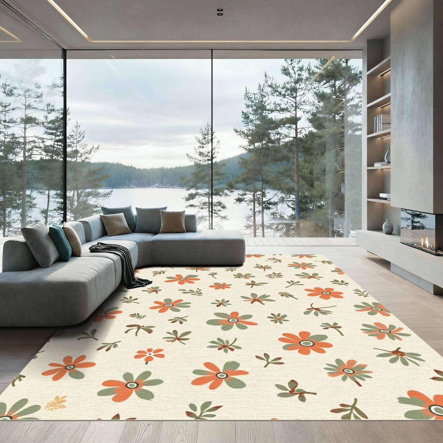 Orange Green Floral Scatter Rug