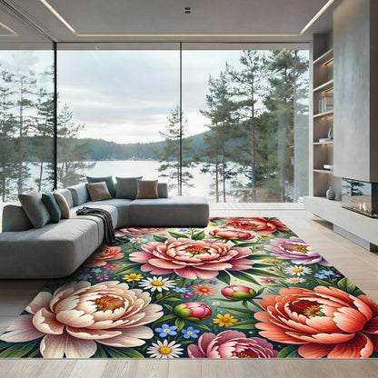 Vibrant Peony Blossom Garden Arrangement Rug