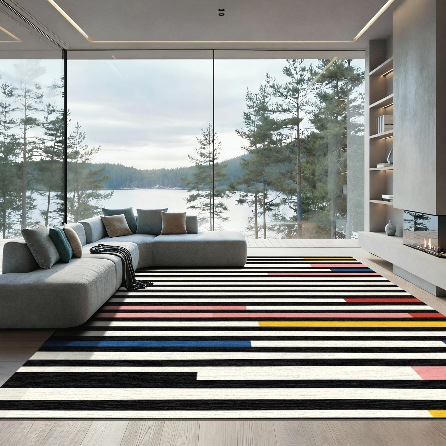 Bold Black White Stripe Color Block Rug