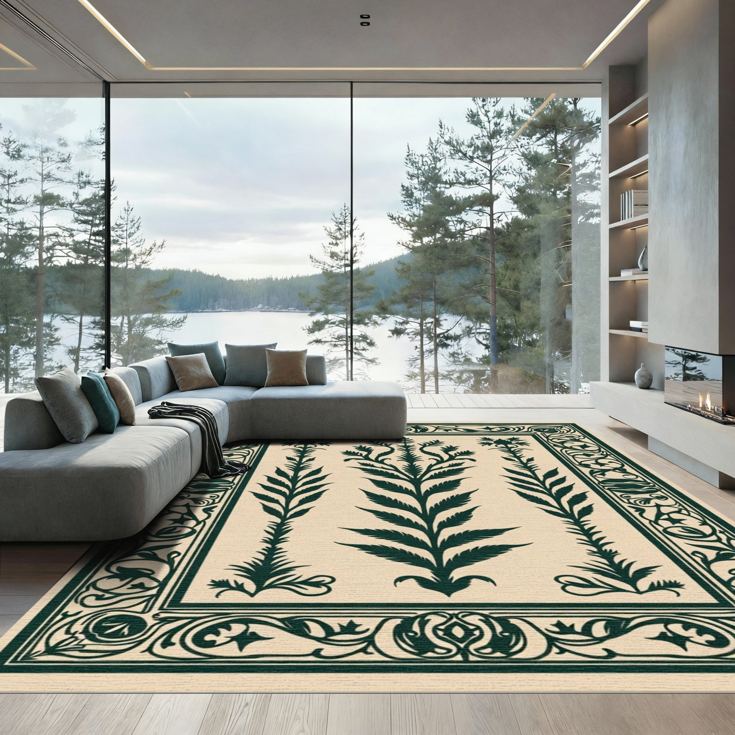 Dark Green Floral Triptych Border Rug