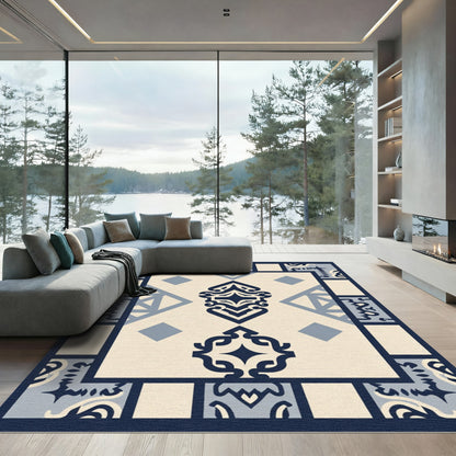 Navy Cream Geometric Medallion Tile Rug
