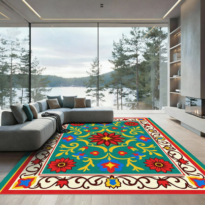 Bold Floral Medallion Teal Red Rug