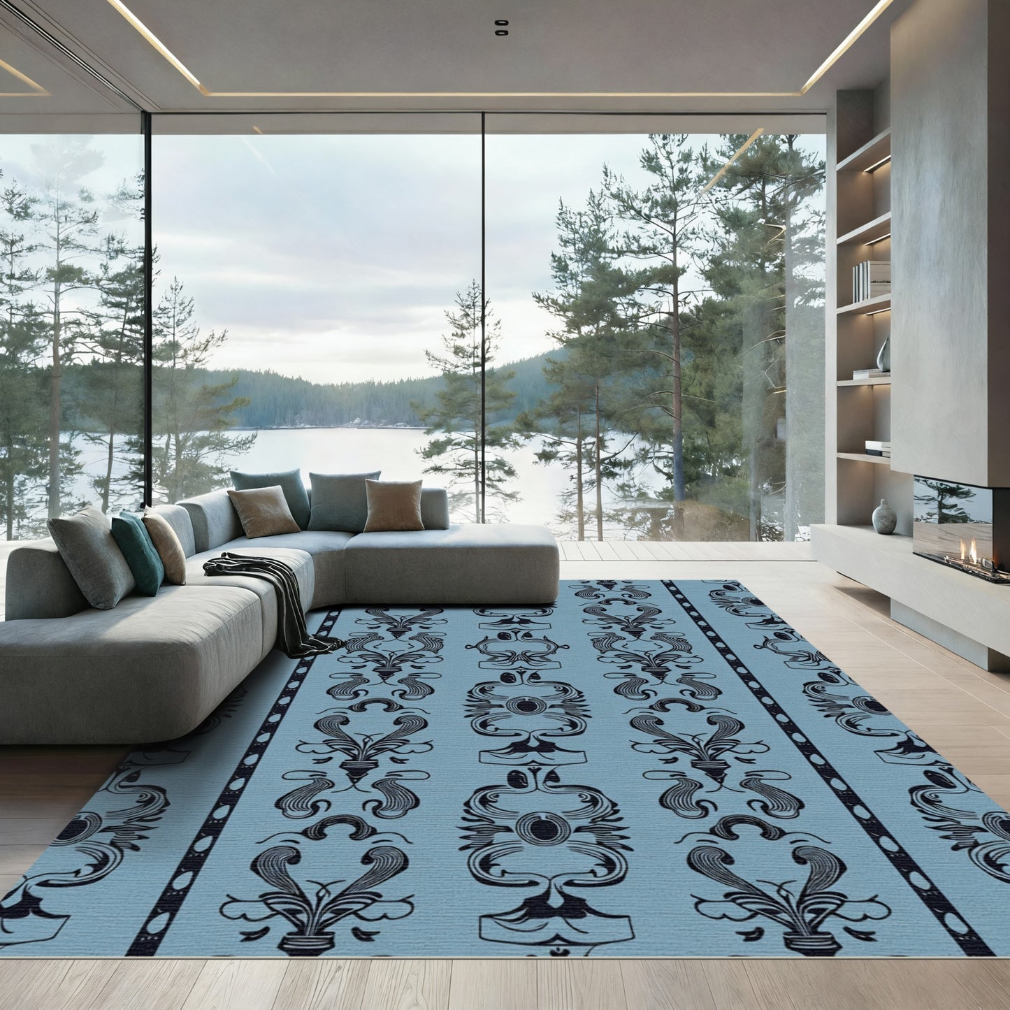 Art Nouveau Blue Oval Botanical Rug