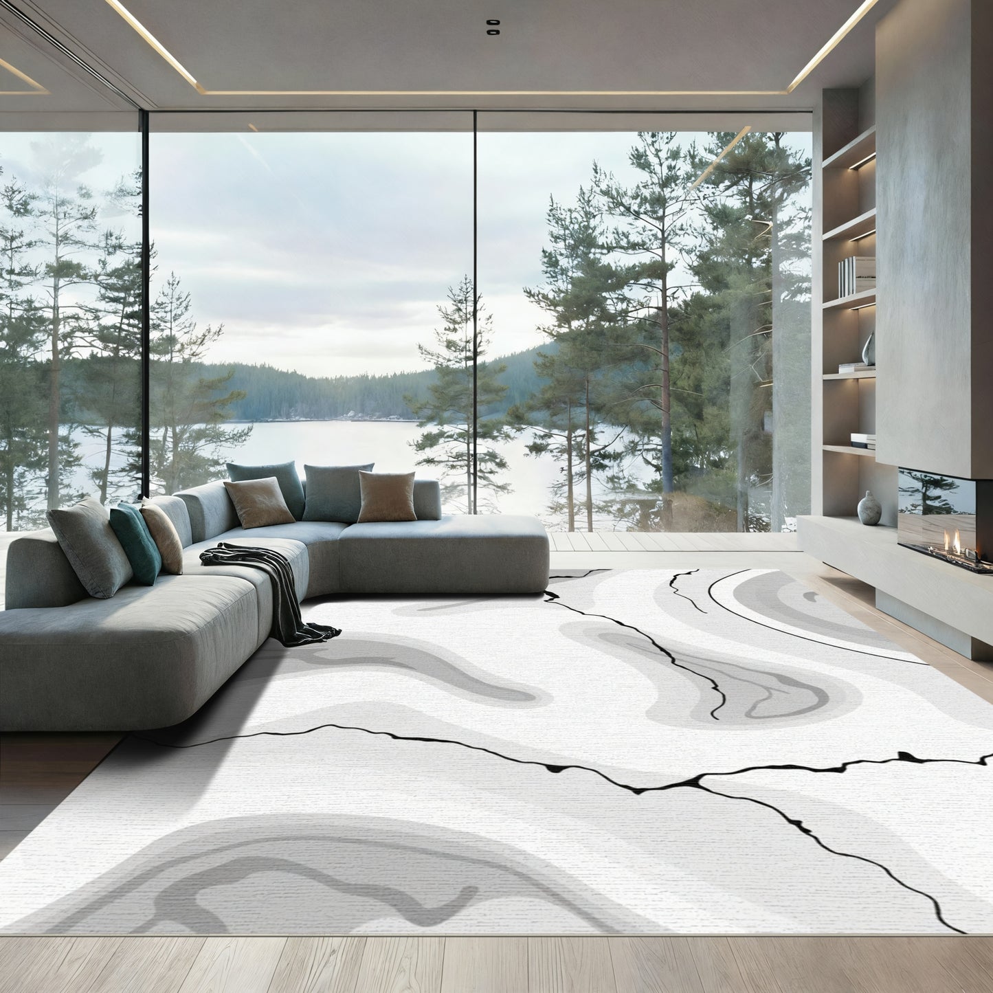 Monochrome Marbled Swirl Abstract Rug