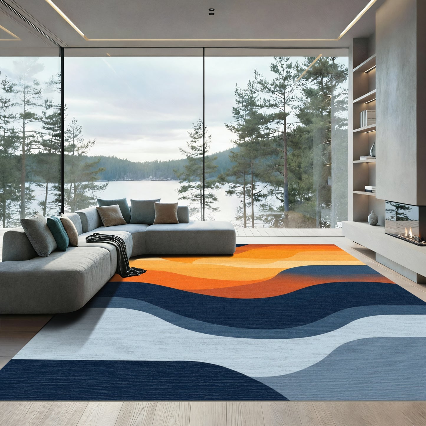Warm Orange Blue Wave Layers Rug