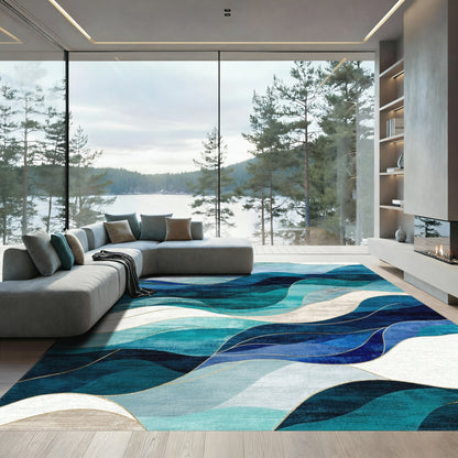 Teal Navy Layered Waves Rug