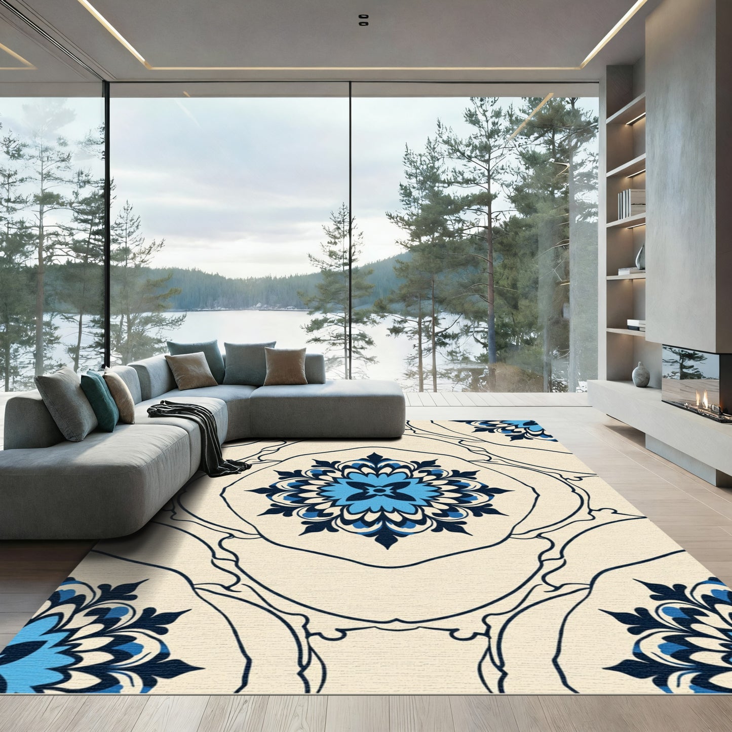 Cream Blue Floral Medallion Art Rug