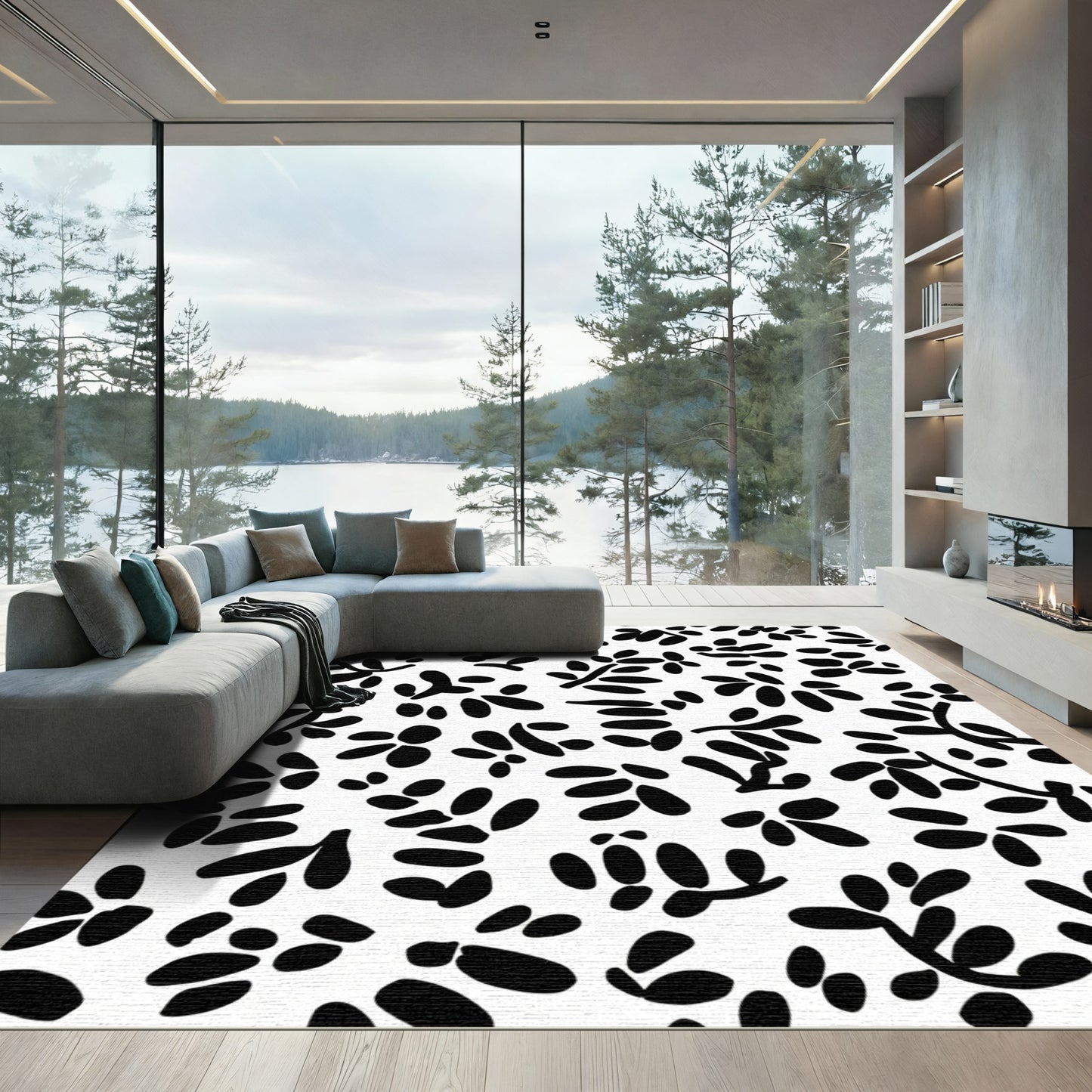 Black White Abstract Botanical Elements Rug