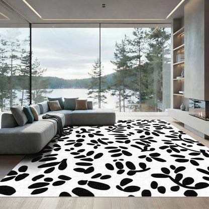 Black White Abstract Botanical Elements Rug