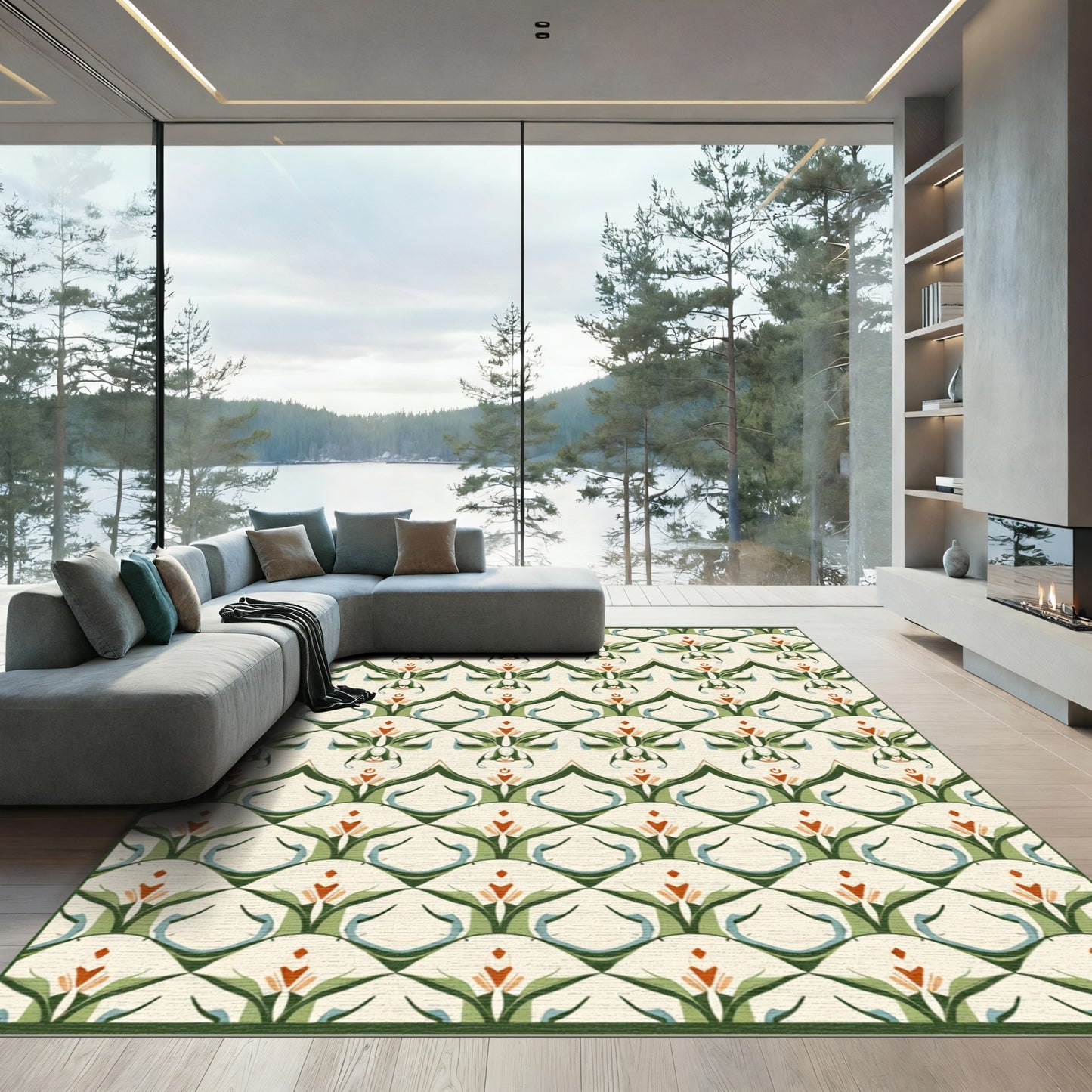 Green Orange Cream Art Deco Scallop Rug
