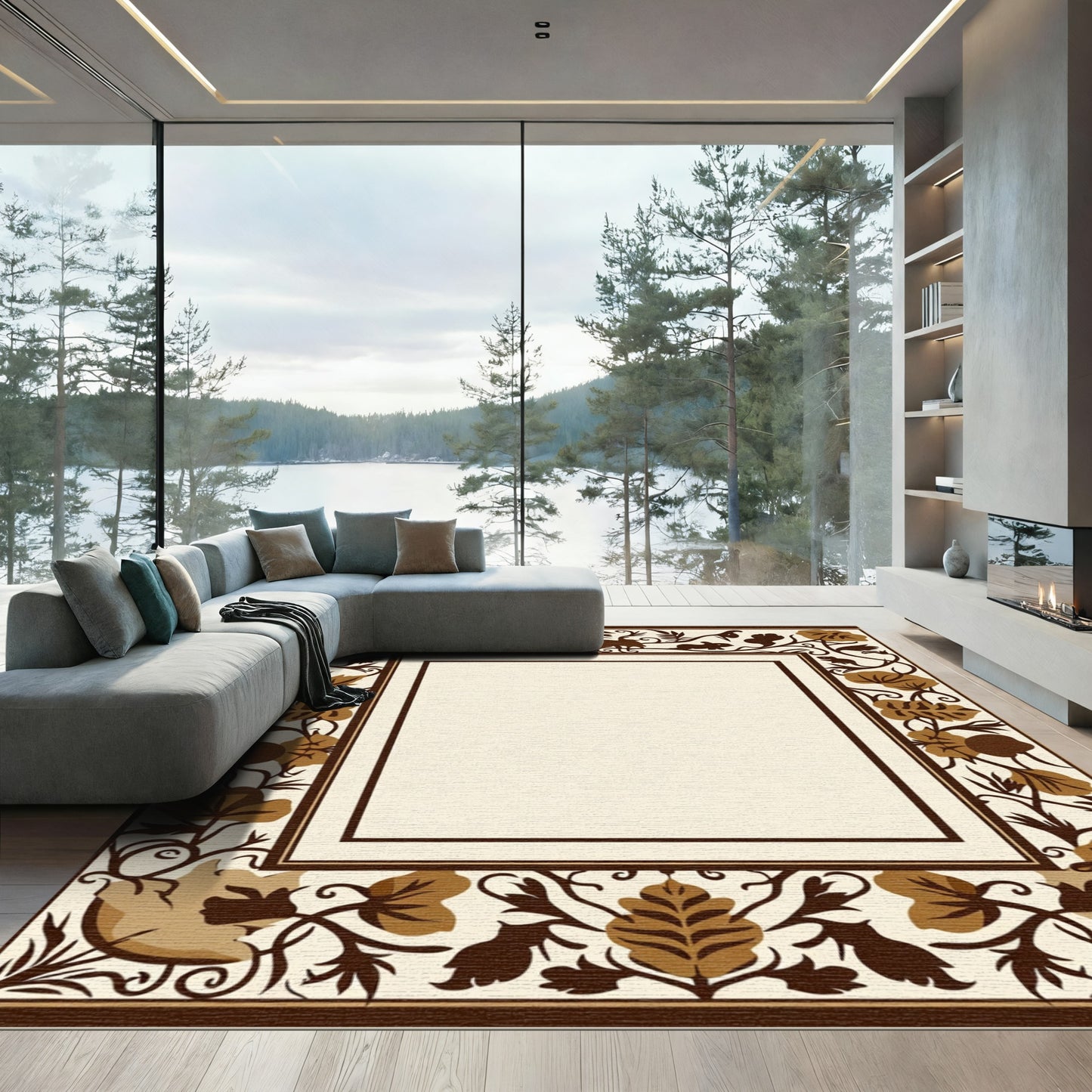 Brown Tan Woodland Creature Border Rug