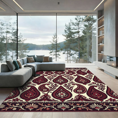 Rich Crimson Paisley Floral Border Rug