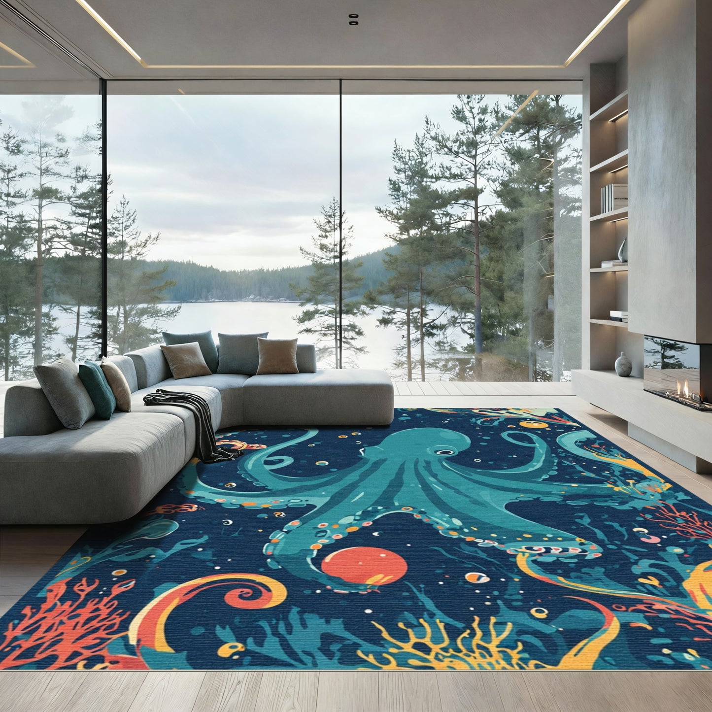 Deep Sea Teal Octopus Coral Reef Rug
