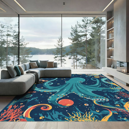 Deep Sea Teal Octopus Coral Reef Rug