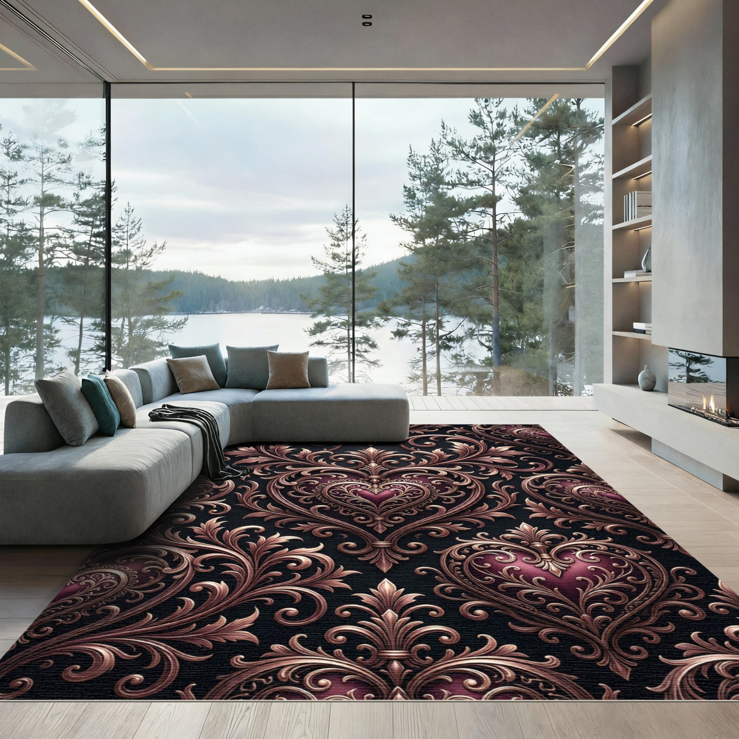 Ornate Crimson Heart Swirls Rug